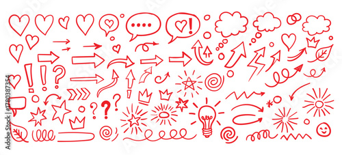 Hand drawn marker line and arrow elements set. Sketch brush strokes, underline scribbles, hearts, crowns, and stars. Vector doodle highlight symbols and design icons.