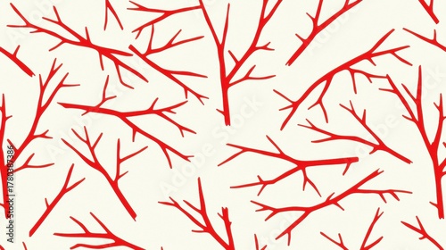 A repeating pattern of stylized red tree branches on a white background.