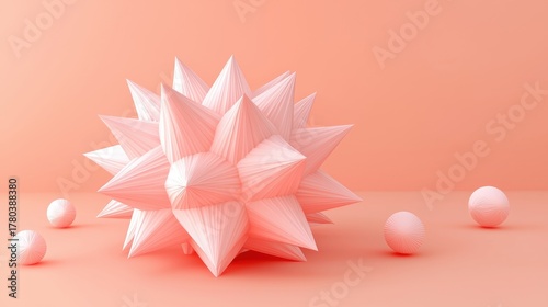 A 3D rendering of a pink, star-shaped object with a textured surface, surrounded by smaller pink spheres.