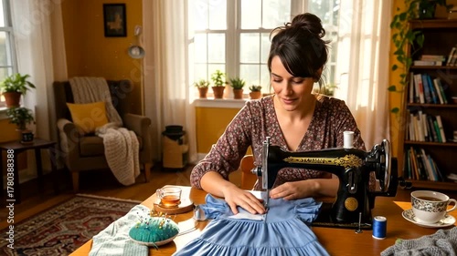 Woman sewing a blue dress at a vintage sewing machine in a cozy, sunlit room filled with plants