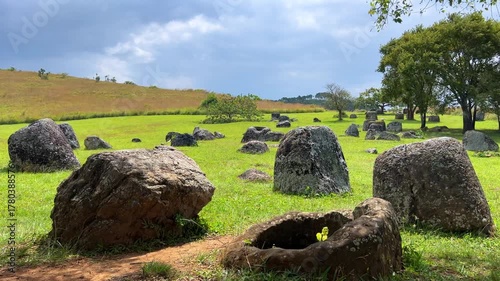 Valley of the Jars, Laos. Phongsavan. Valley of the Jars. The megalithic archaeological landscape consists of thousands of stone jars scattered across the Xiangkhouang Plateau. 4К