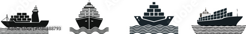 Maritime Vessels Silhouette. Four stylized ships depicted in black silhouette, floating on wavy water, showcasing different designs and sizes.