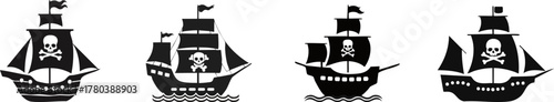 Naval and Pirate Silhouette. Four pirate ships with skull and crossbones flags, illustrated in black and white, sailing on the sea.