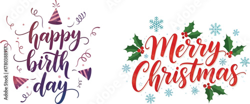 Happy birthday and merry christmas greetings with confetti and snowflakes on a white background design