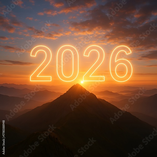 2026 numbers on mountain peak at sunrise symbolizing achievement and new beginnings