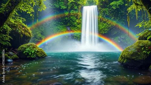Waterfall and rainbow in a lush green forest landscape