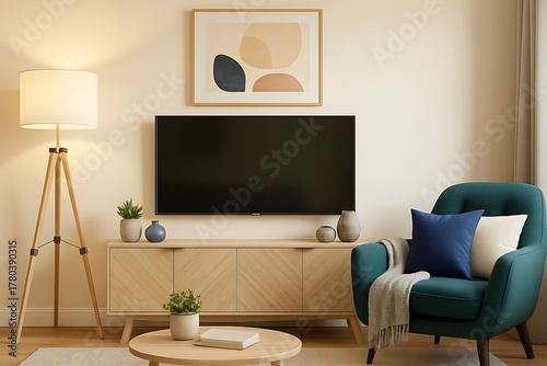 Modern Living Room Featuring Stylish Furnishings And Calm Palette