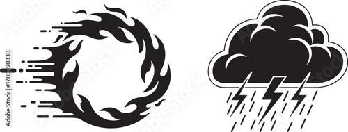 Dynamic Black Silhouette Designs: Fire Circle and Weather Storm Graphic