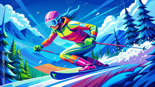 A thrilling image of a skier wearing bright neon gear descending a powdery snow hill, capturing motion blur and flying snow, surrounded by snow-covered trees under clear blue sky