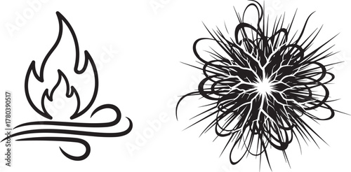 Monochrome Vector Art Set: Stylized Fire Icon and Intricate Spiky Abstract Design