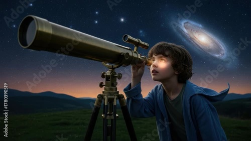 Young person looking through telescope at night sky and galaxy