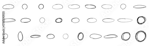 Collection of hand-drawn scribble oval and circle marker shapes for emphasizing text, artistic framing, and design elements