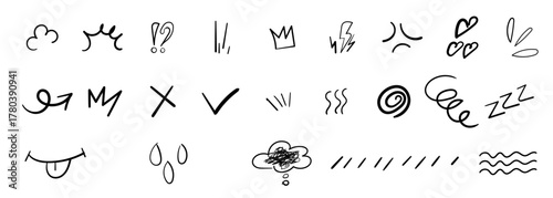 Hand drawn comic doodle icons vector illustration set for social media overlay, expression design, and cartoon effects