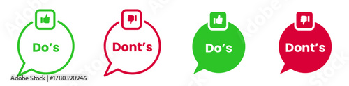 Dos and Don'ts checklist vector icon set, user interface feedback, rules guide, and social media likes.