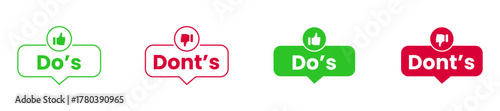 Do's and Don'ts checklist icons vector illustration set featuring thumbs up and down symbols, rules, corporate guidelines, and social media feedback