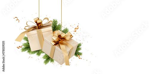 christmas gift box with ribbon and green pine hanging isolated on white