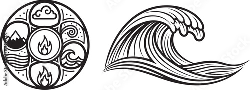 Black and White Vector Art of Elemental Mandala and Ocean Wave