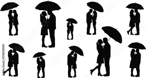 Romantic couple silhouette, love under umbrella, kissing lovers vector, rainy day romance, relationship illustration, stylish couple design, cad drawing flat vector illustration