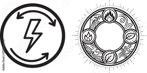 Black Line Art Vector Graphics: Energy Cycle and Elemental Nature Symbols