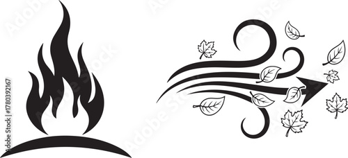 Minimalist Black Flames and Wind Blowing Leaves Vector Art