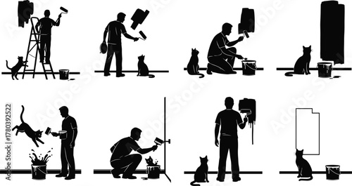 Silhouette person painting wall with roller brush, playful cat antics, home renovation, interior design, pet interaction, humorous household creative artwork