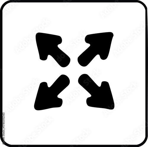 Minimalist black and white vector icon depicting four arrows expanding outwards, signifying fullscreen functionality, interface enlargement, or directional movement in digital design