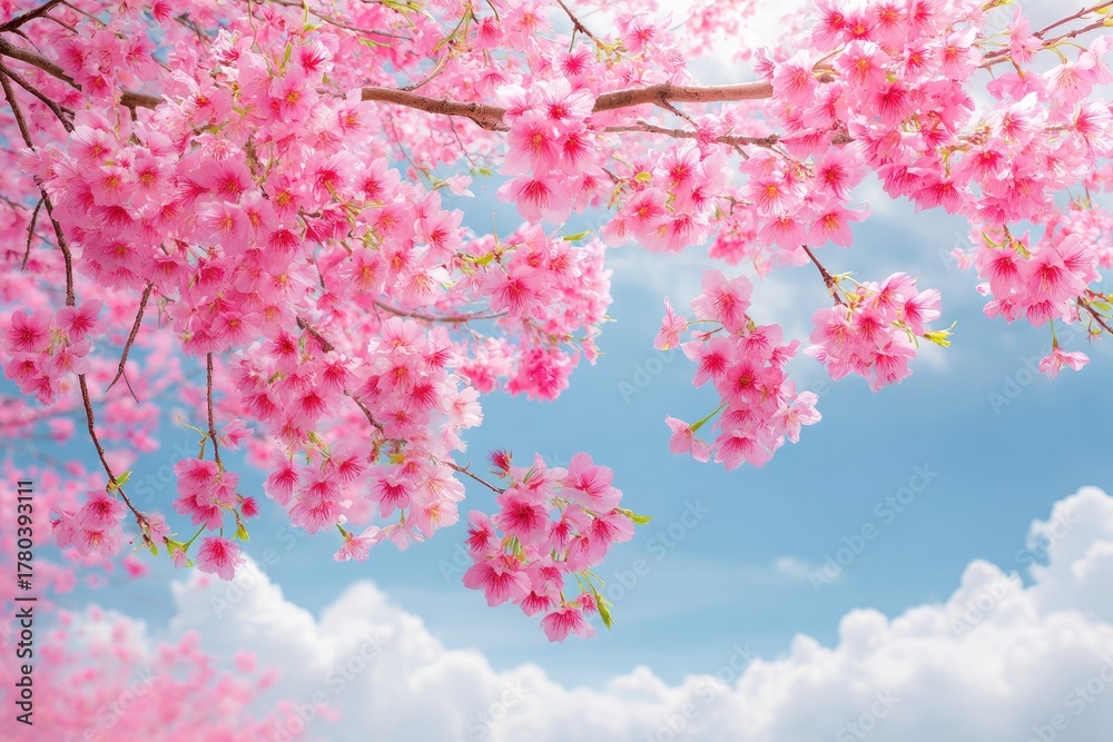 Obraz premium Delicate pink cherry blossoms against a light blue sky with fluffy clouds