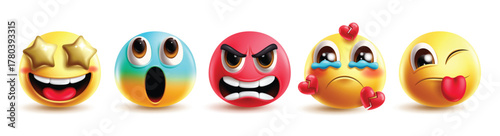 Emoji angry face clipart character set. Emojis 3d cute clip art like star eye, wow, amazed, red mad face, broken hearted and silly facial expression emoticon graphic elements collection vector 