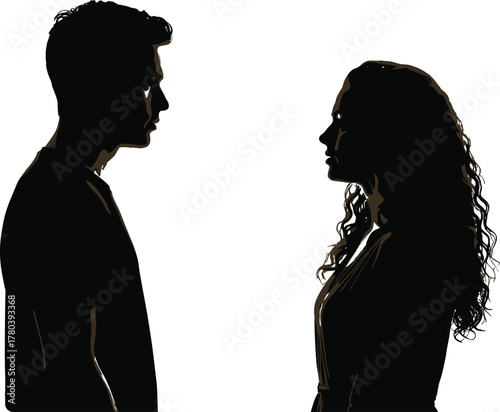 Two people silhouette, facing each other, interaction illustration, human figures, black vector design, confrontation concept, communication artwork, minimalistic style, emotional graphic