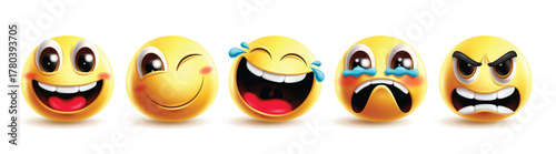 Emoji yellow character clipart set. Emoticon emojis cute face clip art with facial expressions like happy, winking, cry, laughing, cheerful, smile and sad collection vector illustration.
