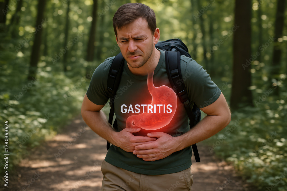Fototapeta premium Man in forest with glowing stomach depiction expressing discomfort and pain from gastritis.