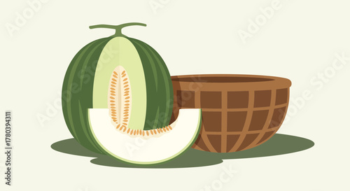 Freshly Sliced Cantaloupe And Wicker Basket Illustration With A Cream Colored Background