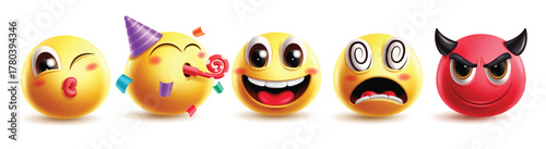 Emoji lip kiss character clipart set. Emojis 3d cute kiss face clip art with birthday emoticon, grateful, happy, dizzy, evil and red monster graphic elements collection vector illustration.
