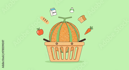 Fresh Produce In A Shopping Cart With Healthy Food Elements Cartoon Illustration