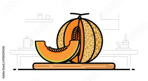 Freshly Sliced Cantaloupe Illustration Depicting Summer Produce and Healthy Eating