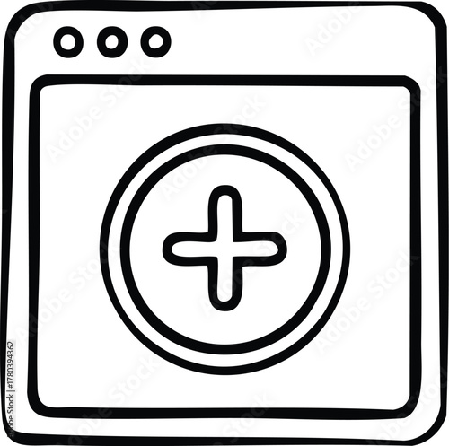 Doodle style illustration of a web browser interface with an encircled plus symbol, representing actions like adding new items, creating content, or expanding functionalities in a digital environment