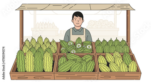 Fresh Produce Vendor Displaying Bitter Melons For Sale In A Traditional Market Stall