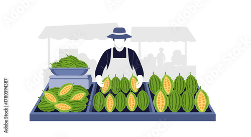 Fresh Produce Vendor Displaying Harvested Fruits at Market in a Vector Illustration