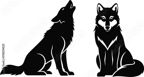 Wolf silhouette illustration, howling wolf vector, sitting wolf artwork, wildlife design, animal symbol concept, black and white drawing, nature inspired graphic