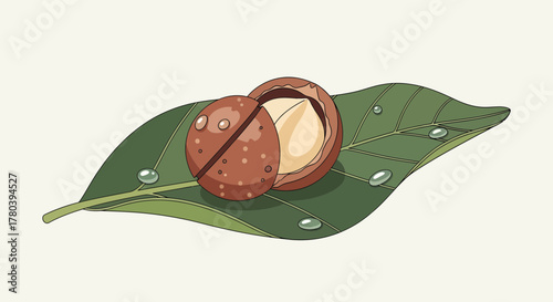 Freshly Cracked Macadamia Nut Resting on a Large Green Leaf Sprinkled With Water Droplets