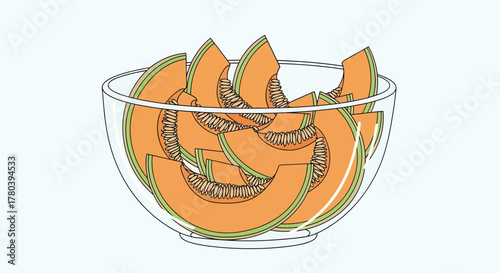 Freshly Sliced Cantaloupe Wedges Displayed Neatly Within a Transparent Glass Bowl