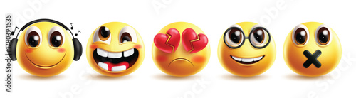 Emoji heart broken character clipart set. Emojis cute face clip art with headphone, silly, crazy, clever, silent and broken heart emoticon facial expression yellow 3d graphic elements collection 