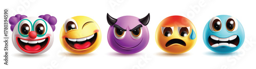 Emoji clown clipart character set. Emojis cute face clip art with winking, nervous, cold, joker, monster and funny facial expression emoticon graphic elements collection vector illustration.
