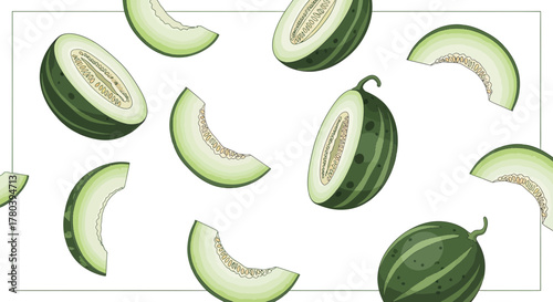 Freshly Sliced Melons on White Background, A Delightful and Refreshing Food Pattern