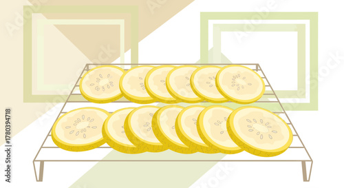 Freshly Sliced Melon On a Cooling Rack with a Minimalist Artistic Style and Tone