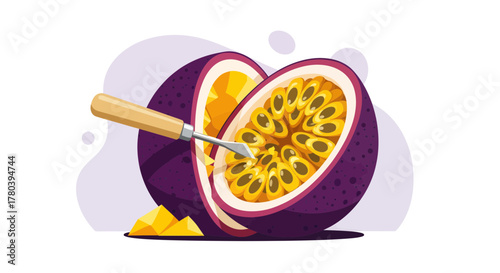 Freshly Sliced Passion Fruit Showing Its Juicy Inside, With Knife, Vector Illustration