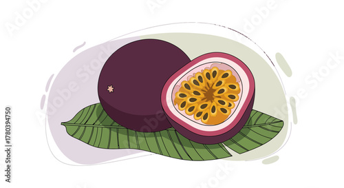 Freshly Sliced Passion Fruit Showing Internal Texture on Green Leaf Artwork Closeup