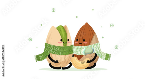 Friendly Nuts Embrace In Winter With The Warmth Of Green Scarves And Snowflakes