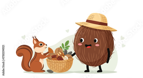 Friendly Squirrel Shares Nut Harvest With A Charming Coconut Character For Food Sharing Fun