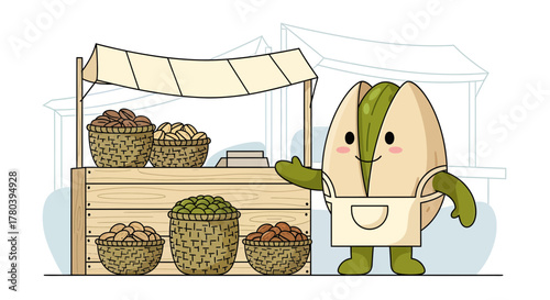 Friendly Pistachio Seller Offers Fresh Nuts At a Whimsical Market Stall